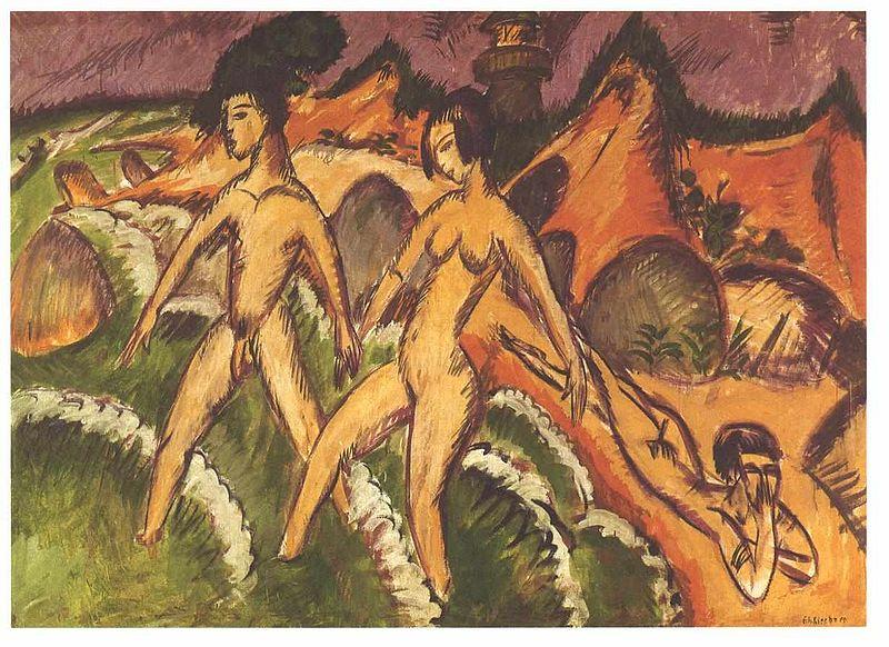 Ernst Ludwig Kirchner Female nudes striding into the sea Sweden oil painting art